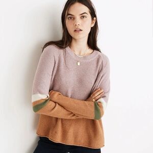 Madewell Merino Blend Striped Roll-Trim Waffle Pullover Sweater Pink Tan Small